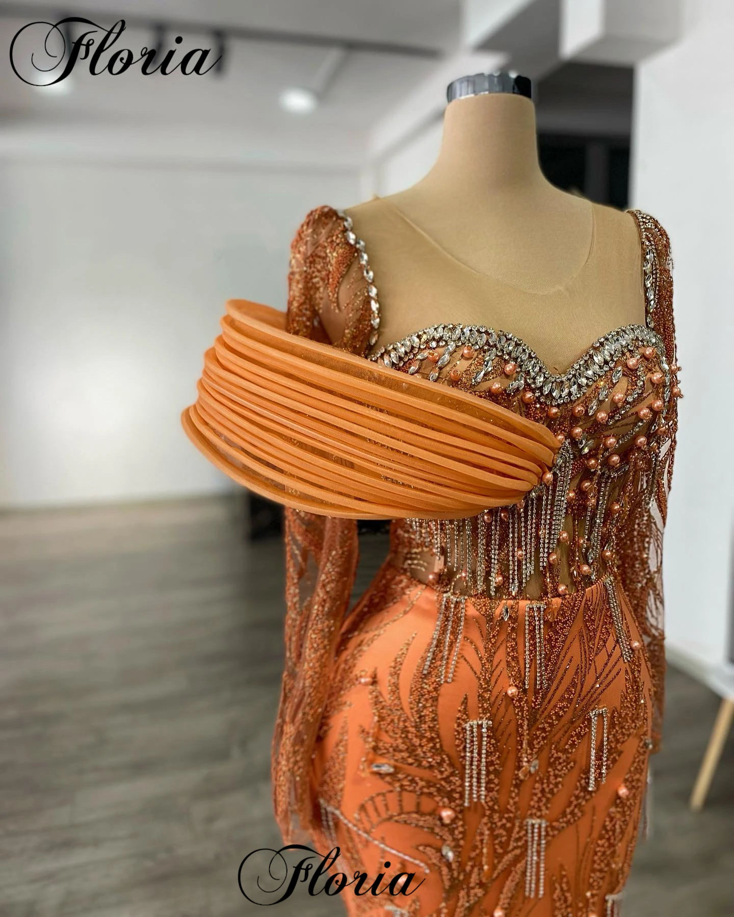 Burnt Orange Evening Dresses For Women 2024 Long Sleeves Celebrity Dresses With Pearls Robes De Soirée Red Carpet Runway Gowns