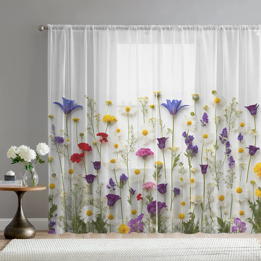 2PCS 2D floral printed window screens for home decoration, with pole bags, suitable for kitchens, cafes, and living rooms