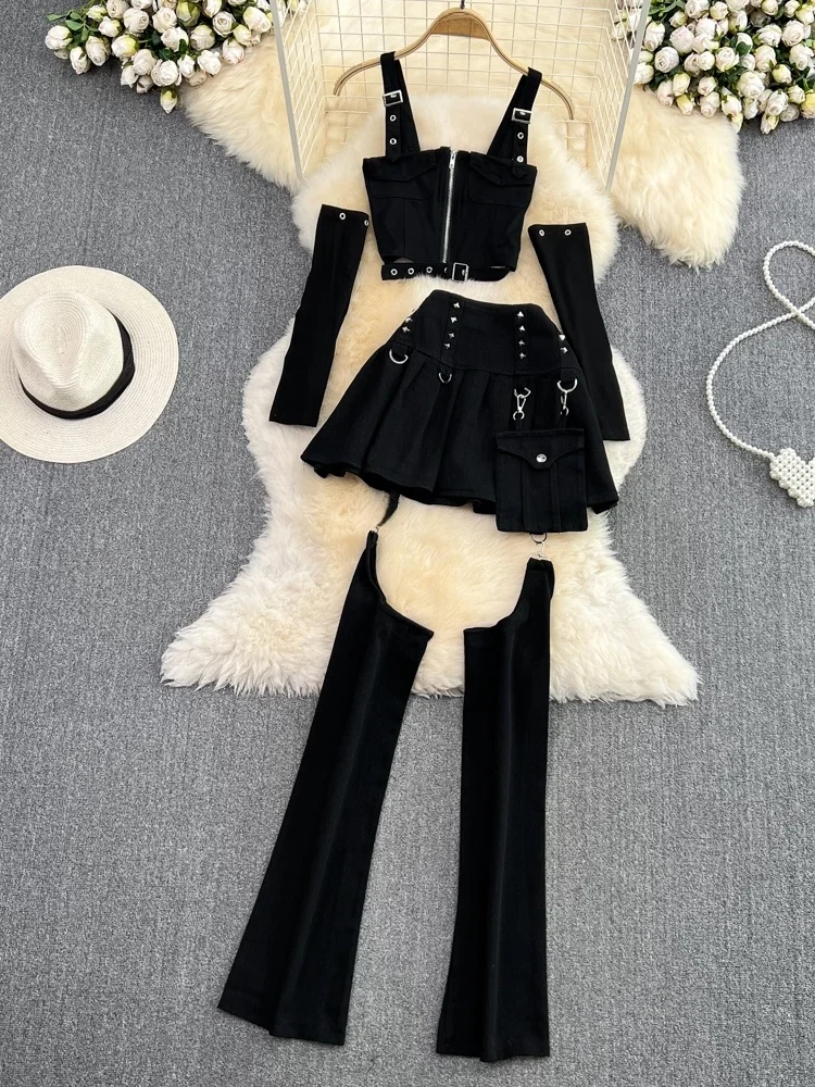 

Faionable Sexy Girl Set k Nail Denim Workwear Skirt Detachable Hollow out Long Pants Women's Polyester Summer Outfit