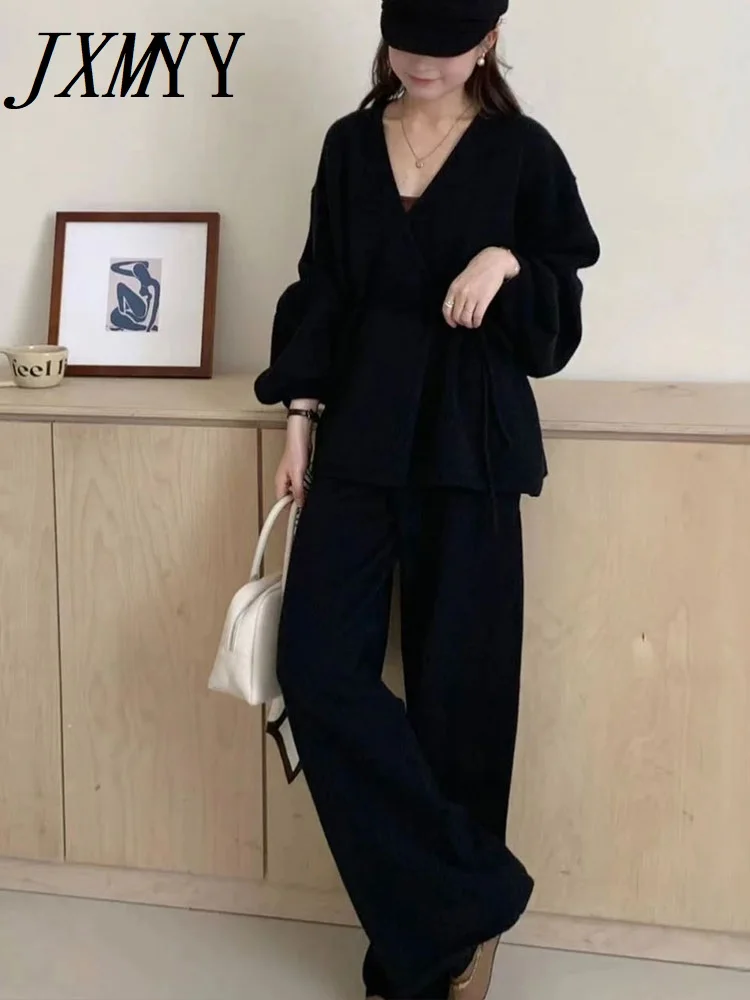 New Autumn Style Fashionable Elegant Temperament Retro Knitted Suit Women\'s Casual Cardigan Coat wide-Leg Pants Two-Piece Set