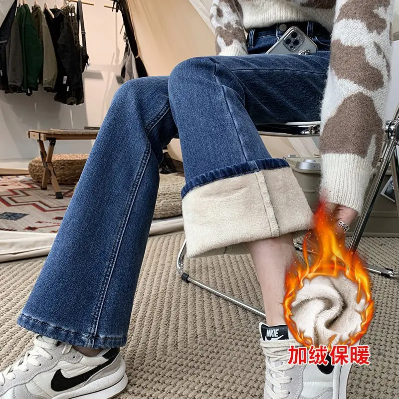

Зимние теплые женские джинсы, модные тонкие утепленные флисовые расклешенные брюки с высокой талией, эластичные узкие бархатные женские джинсы больших размеров