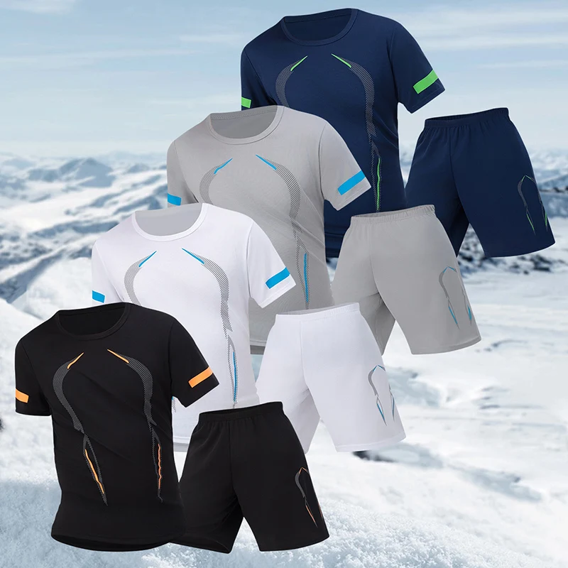 

2-Piece Four Seasons Men's Short Sleeve Set Printed Quick Drying T-shirt for Youth Sports Fitness Running Comfortable and Casual