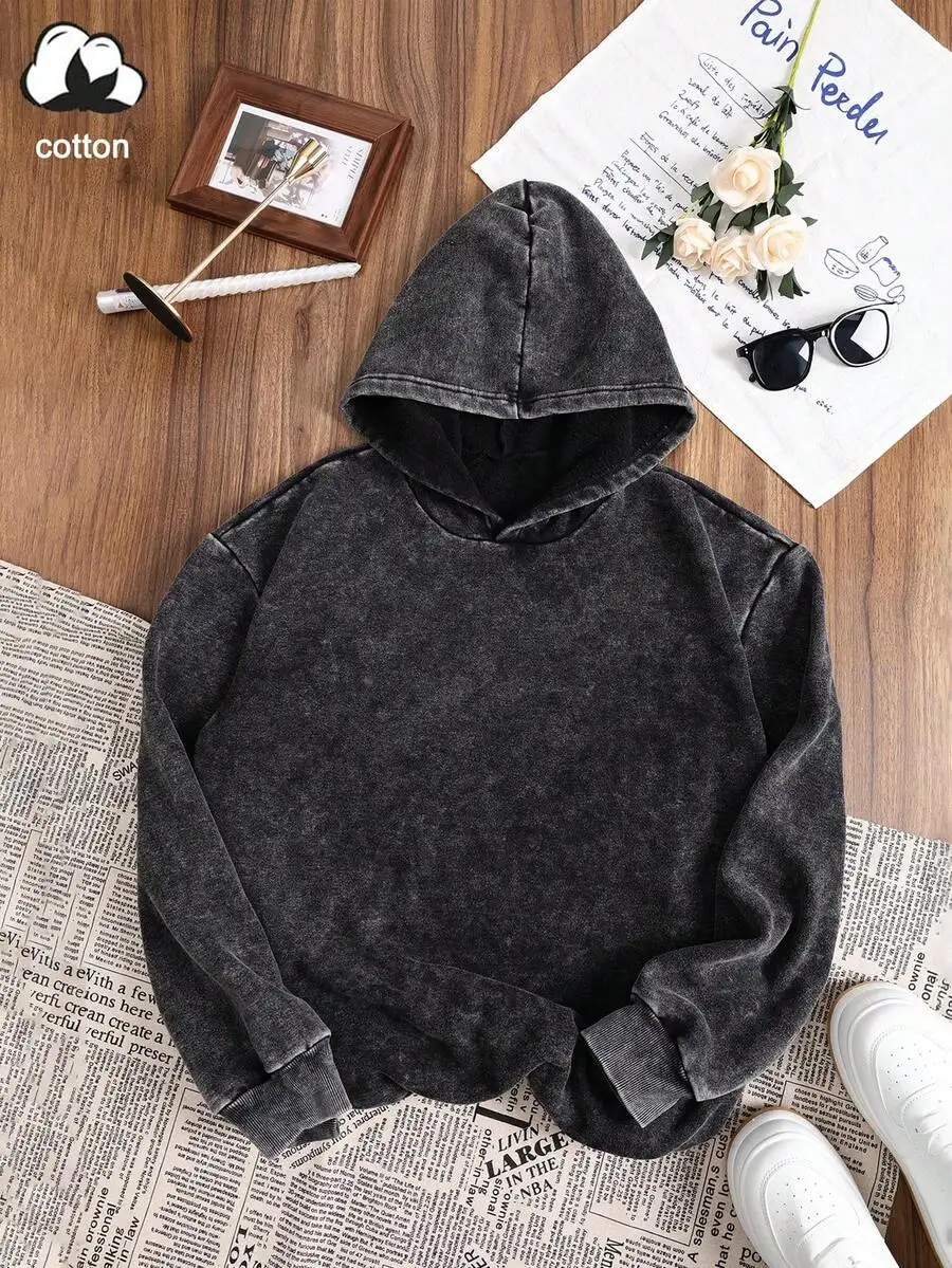 

Washed Black Cotton Hooded Sweatshirt, Loose Fit, Distressed Finish, Streetwear Style