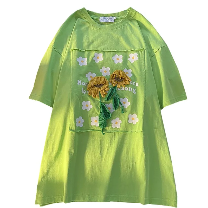 New Pastoral Series Fashion Summer Women T Shirt Stereoscopic Harajuku Weave Sunflower Female Tees Grass Green Cotton Lady Tops