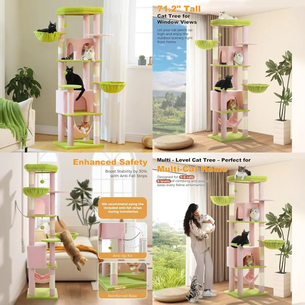 

Сверхмощное 9-уровневое домашнее кошачье дерево с 5 сизалевыми когтеточками, 2 бытовыми когтеточками, 3 гамака, большой размер для дополнительных развлечений