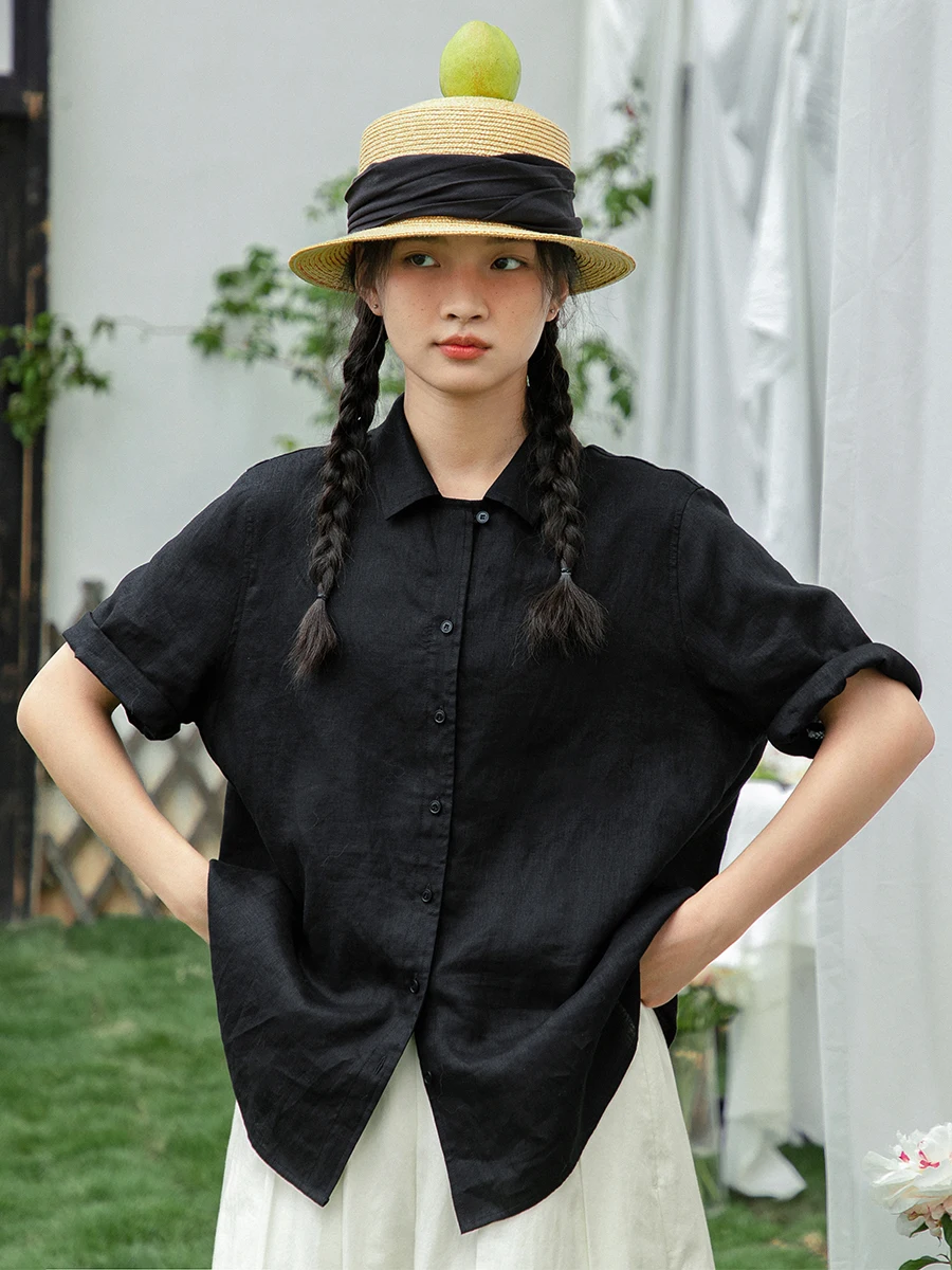 

Black Linen Shirt Women's Summer Thin Casual Loose Top Short Sleeve Turn-down Collar Blouse Original Stitching Design