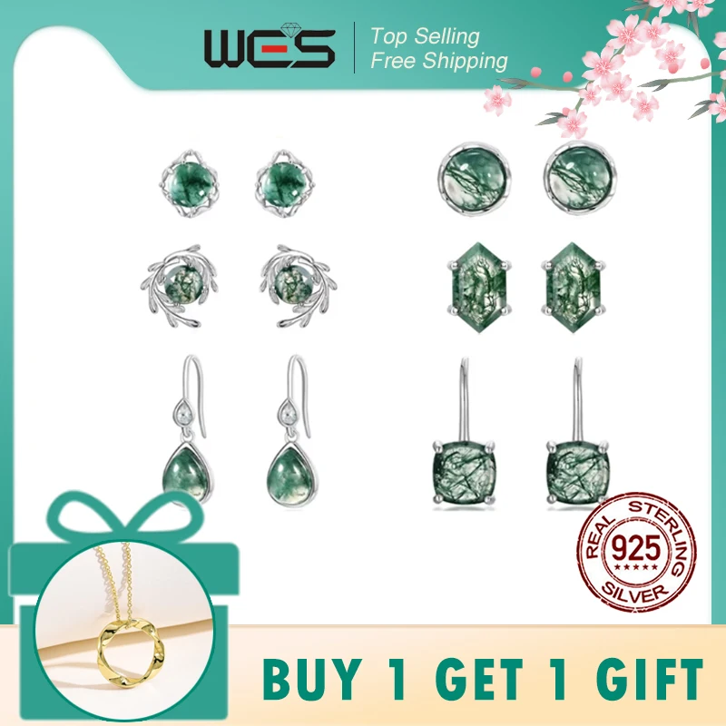

WES 925 Sterling Silver Stud Earrings for Woman Inlaid Geometric Natural Unique Gem Moss Agate Engagement Gift Box Wholesale