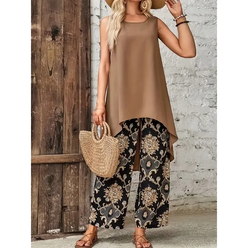 

Плюс размер Новые женские модные однотонные майки с высоким низким подолом и широкие брюки Одежда с цветочным принтом Повседневные брючные костюмы с круглым вырезом