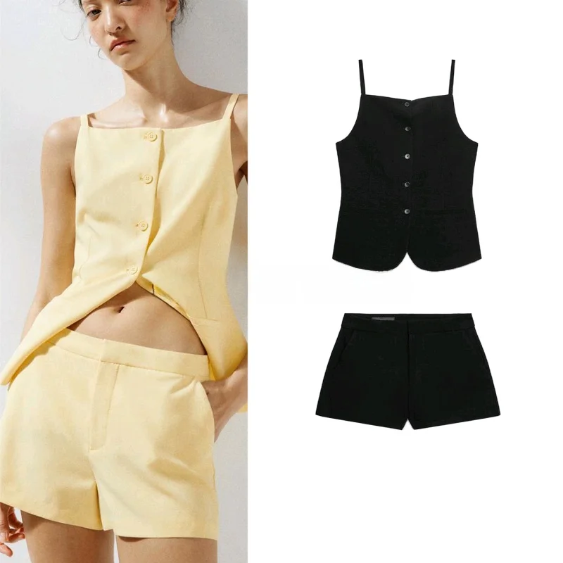 Conjunto de Dos Piezas para Mujer, Estilo Casual, Top Tipo Ceco de Lino, Plones Cortos de Cintura Media, Cuello Redond...