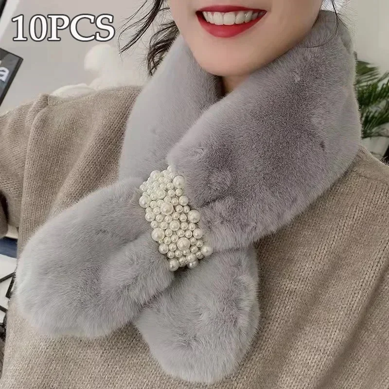

10PCS Soft Hairy Scarf Korean Edition Pearl Japanese Autumn/Winter Ins Plush Girl's Neck Thickened Cross Scarf Holiday Gift