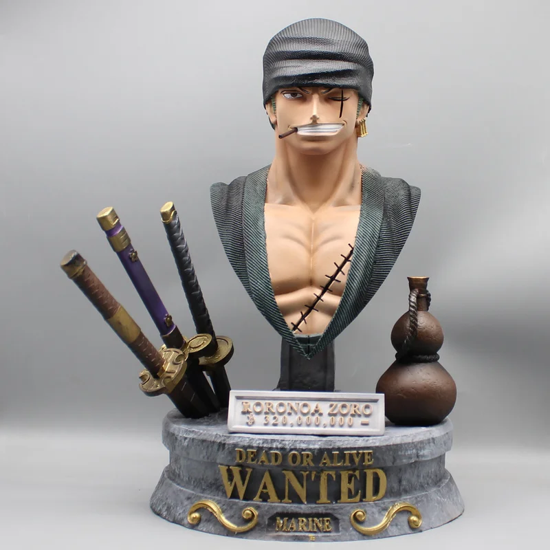 37cm One Piece Gk Straw Hat Group Zoro Anime Figures Big Bust Statue Three Knives Flagon Doll Model Desktop Decoration Toys Gift