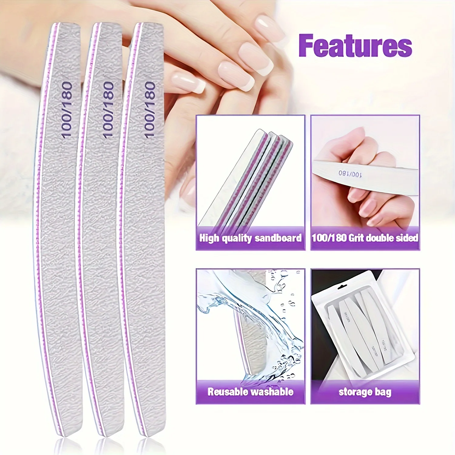 

10pcs Professional Nail File Buffers - 100/180 Grit, Double-Sided for Acrylic Nails, Reusable Manicure Tools