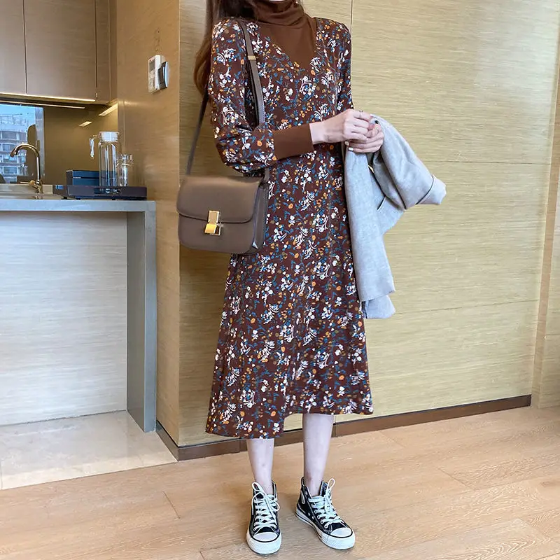 

2023 New Autumn and Winter Fashion Advanced Elegant Simple High Neck Printing Slim Fit Versatile Long Sleeve Women's Dress