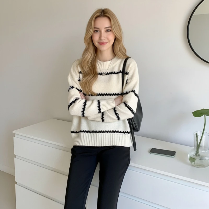 

New Autumn and Winter Women's Crew Neck Long-sleeved Sweater Fashion Striped Casual Loose and Elegant Knitted Pullover Shirt