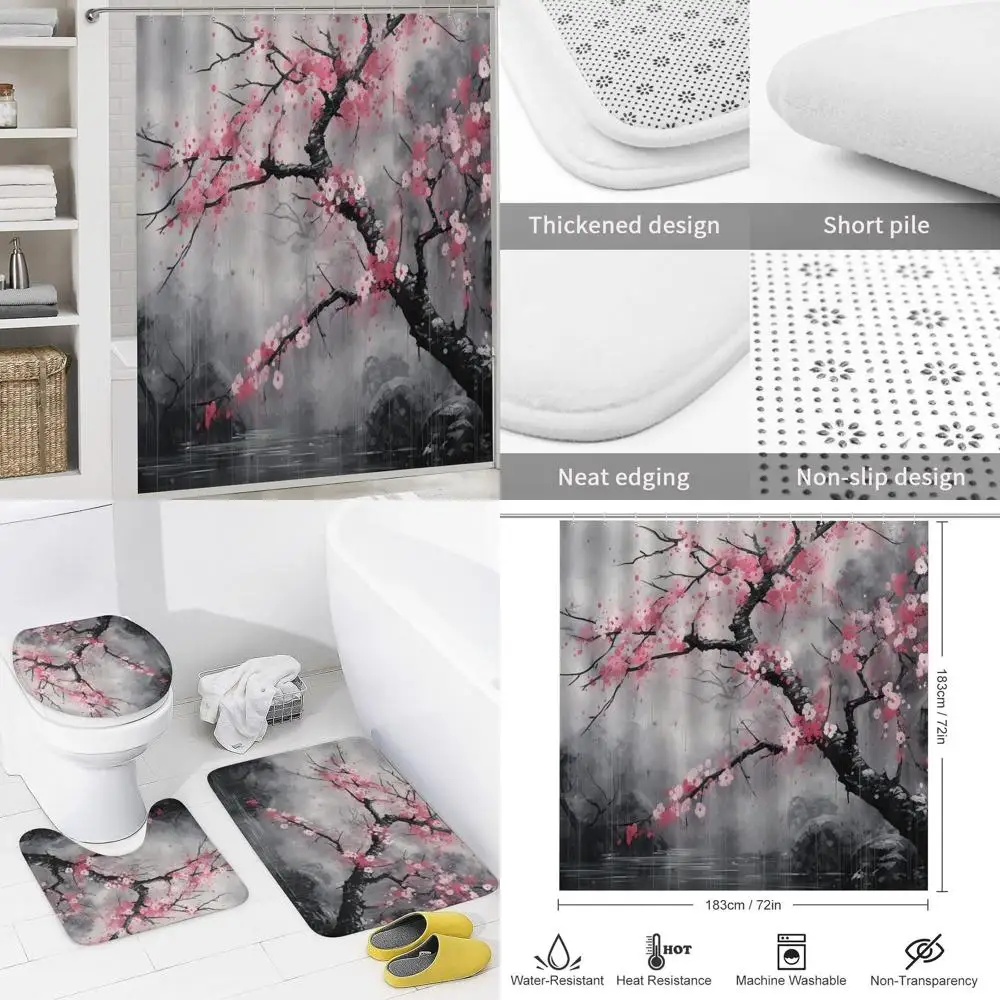 

Japanese-Inspired Cherry Blossom Shower Curtain Set with Non-Slip Rugs and Waterproof Curtain, 12 Hooks Included