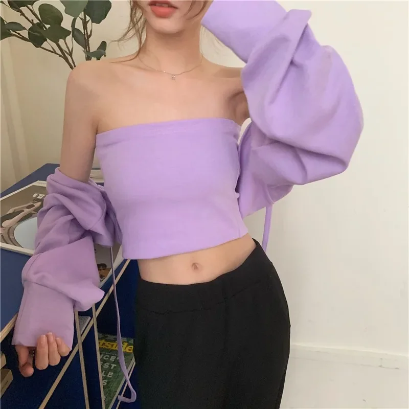 Women Fashion Sexy Casual T-shirts Two-piece Suit 2023 New Summer Women's Thin Shawl Top Tube Tops All-match Long Sleeve Tees