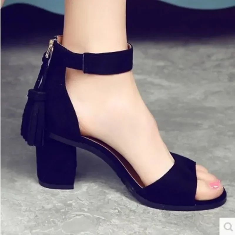 Thick Heel Sandals Women Summer Wild Large Size High Heel Mid-heel Buckle Sandals Open Toe Flock Pumps Black Shoes 2024