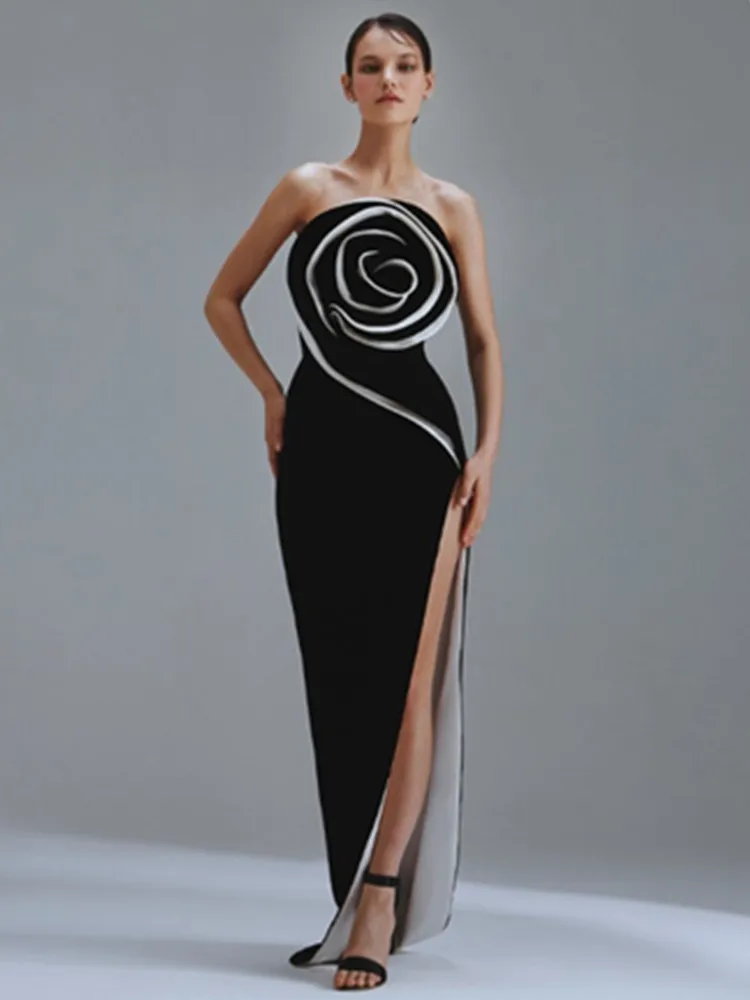 New Women Celebrity Sexy Strapless Backless Flower Black Maxi Long Bodycon Bandage Dress 2024 Elegant Evening Club Party Outfit