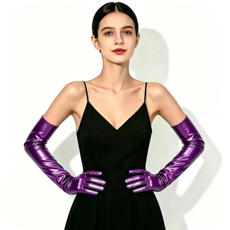 Sexy Lackleder Damen Lange Handschuhe, Punk Rock HipHop Jazz Disco Pole Dance Metallische Fäustlinge, Halloween Cosplay – Detail 4