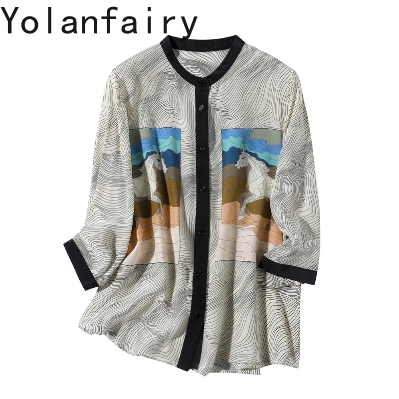 

YOLANFAIRY High-end 100% Real Mulberry Silk Shirts Female Early Autumn Fashion Printed Top Women Shirt 2025 Casual Shirts Woman