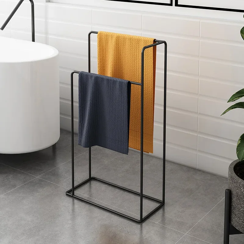 Nordic Style Bathroom Towel Rack Floor Standing Ironwork Perforated Organizers Storage Vertical Bath Towel and Cloth Hanger