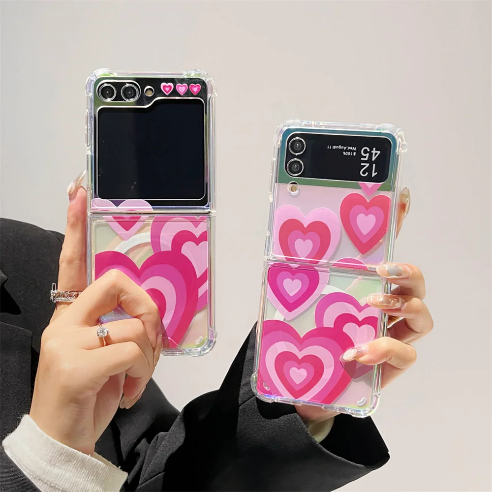 Magnetic Laser Reflective Pink Love Heart Clear Case For Samsung Galaxy Z Flip 5 4 3 Flip5 Flip4 Flip3 zFlip5 5g Mag safe Covers