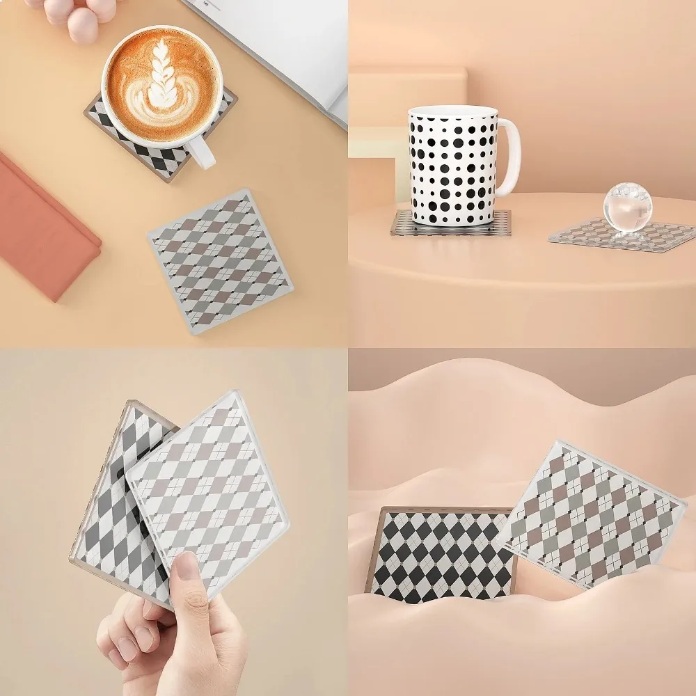 Retro Plaid Square Acrylic Coasters Heat Resistant Tea Cup Coaster Mat for Mug Pot Plate Decoration