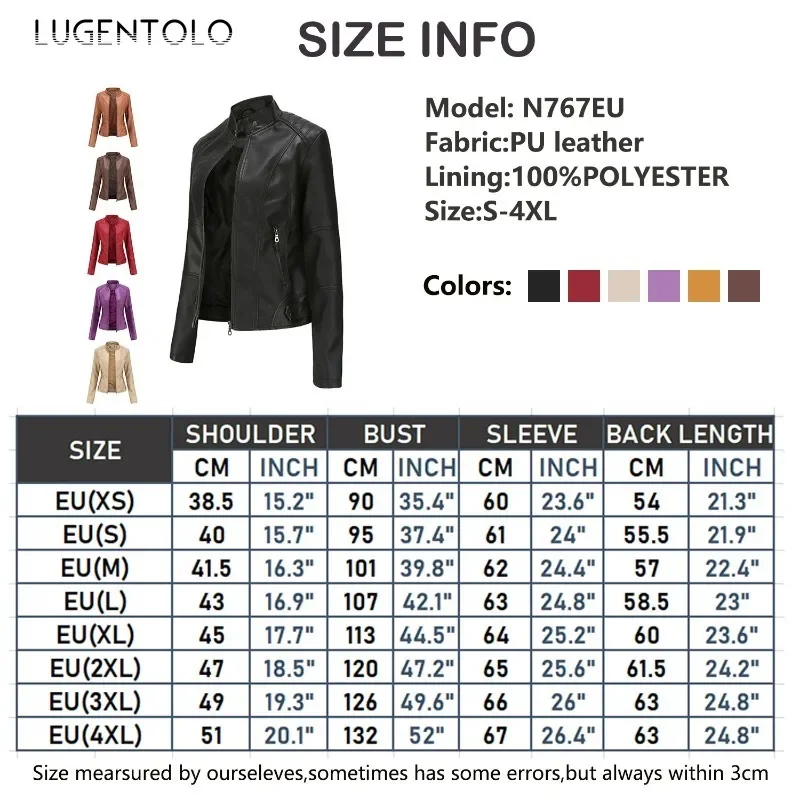 Women PU Jacket 2024 Faux Leather Windproof Warm Coat Fashion Solid Color Stand Collar Slim Zip Biker Cardigan Available 4XL