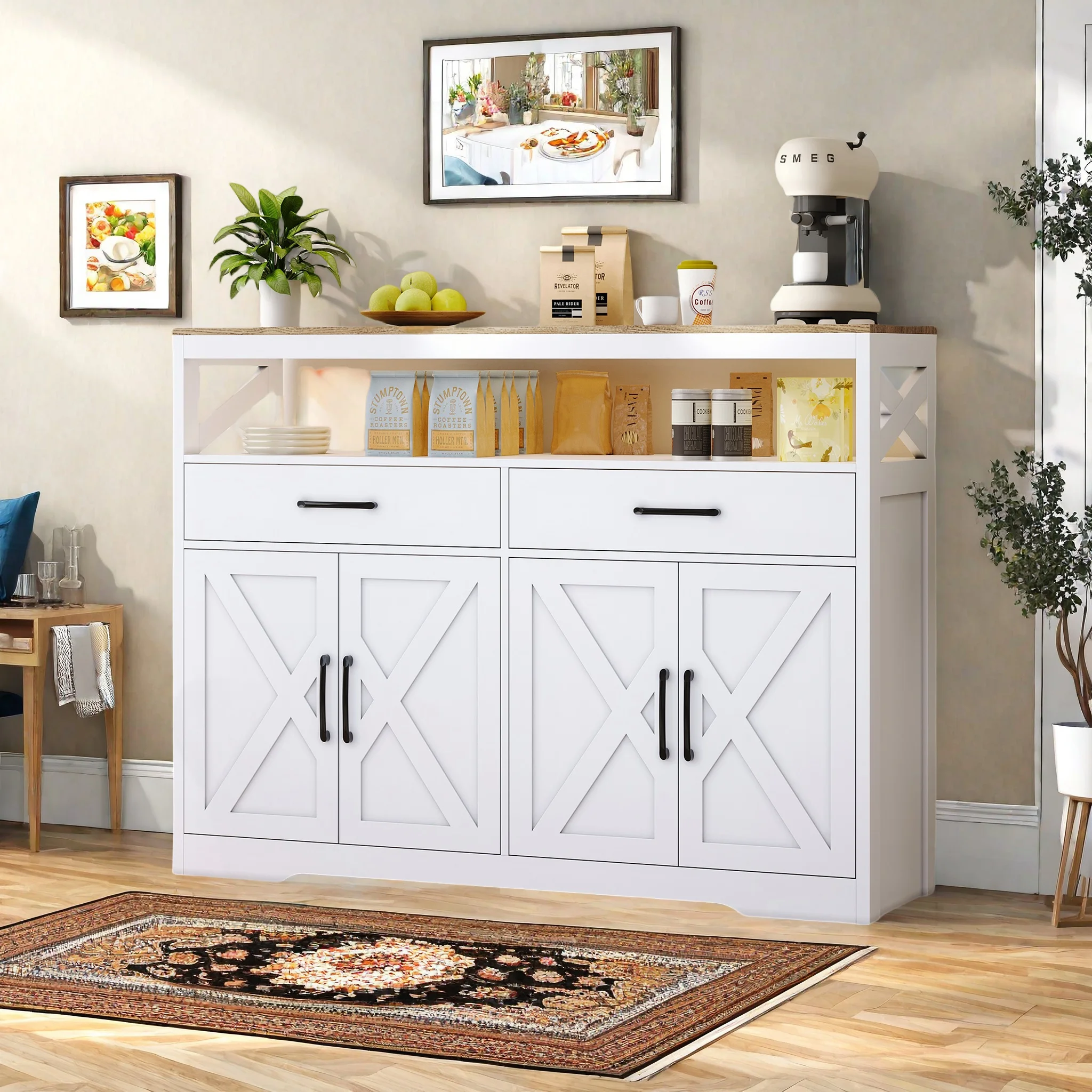 Superaly Mueble de Cocina, Aparador, Mueble de Almacenamiento con 4 Puertas, con 2 Cajones y Tiradores Negros, para Salón, 140x40x105cm