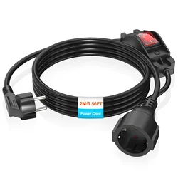 European Male to Female Power Extension Cord with Switch, AC Power Cable, 2m Extension Cable, 250V 16A