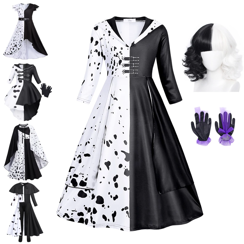 Jurebecia Girls Villains Cruella Deville Dress Up Costume Kids Movie Halloween Cosplay Outfit with Gloves Wig