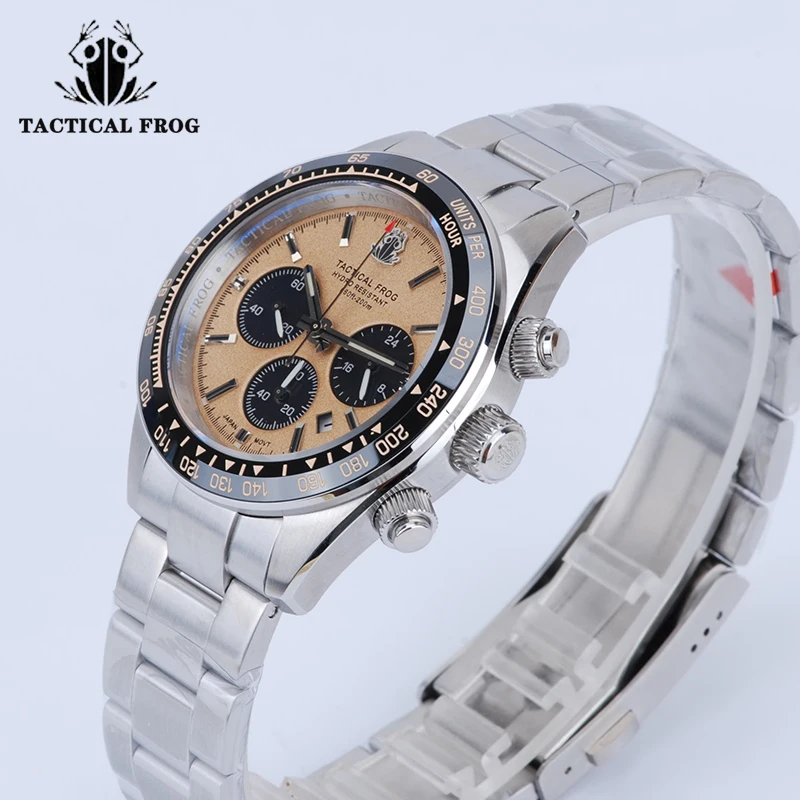 

Tactical Frog 41mm Panda Chronograph Watch VS75A Solar Quartz Movement Sapphire 20Bar C3 Luminous Stainless Steel Men's Watches