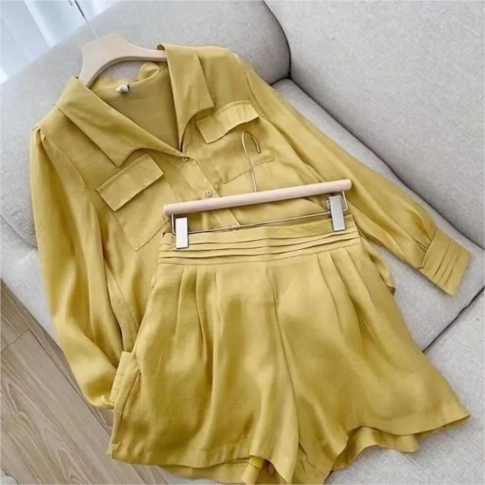 Spring Summer Solid Shorts Set Women Simple Casual Style Long Sleeve Single-breasted Shirts Tops & Shorts Two Piece Sets 2024