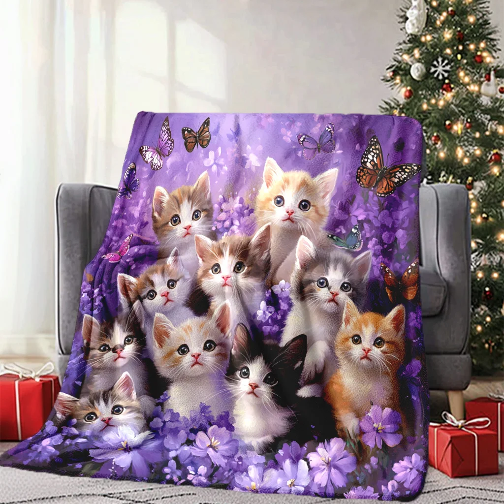 

Фланелевое одеяло с милым котенком и цветочным принтом бабочки в гламурном стиле, стеганое, можно стирать в машине, всесезонное универсальное одеяло