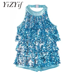 Kids Girls Halter Shiny Sequins Ballet Dance Shorty Unitard Dress Gymnastics Leotard Stage Modern Jazz Latin Dancing Costumes