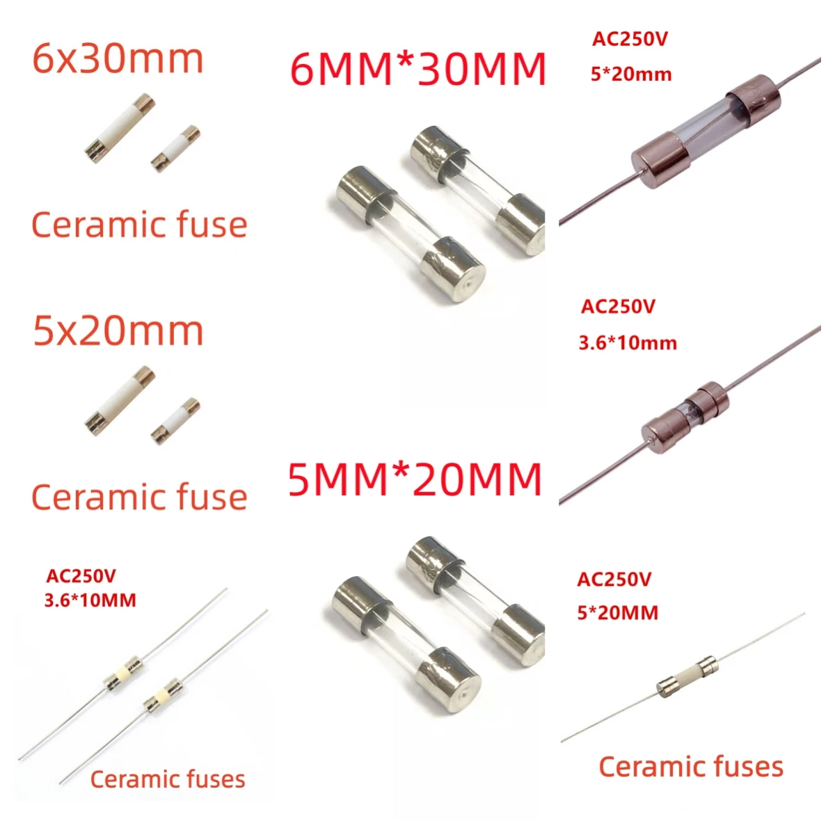 Fusíveis rápidos do tubo de vidro do sopro, fusível cerâmico da ligação axial, 3.6x10mm, 5x20mm, 6x30mm, 250V, 100mA, 200mA, 250mA, 300mA, 500mA, 630mA