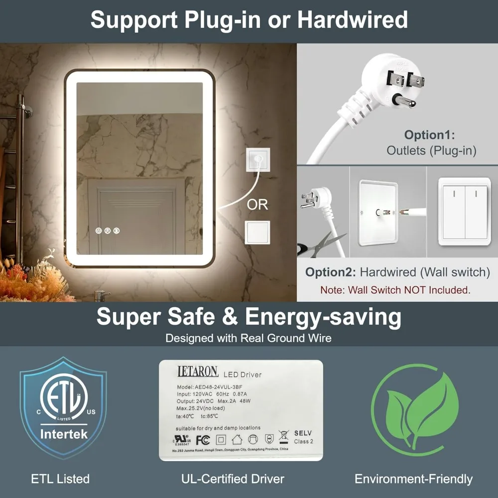 Espelho de banheiro LED regulável de 48 x 32 polegadas com iluminação frontal e traseira, bordas arredondadas, design sem moldura, três opções de cores e