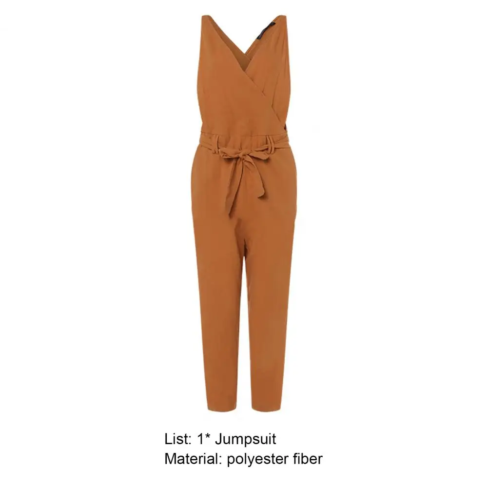 Lady Jumpsuit Solid Color Loose Type Sleeveless Deep V Neck Lace-up Jumpsuit Summer Romper Female Clothes Playsuits Bodysuits