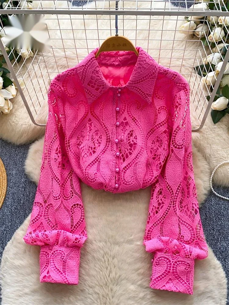 

Lace Hollow Out Top Autumn Sheer Full Sleeve Pearl Button High Quality Blouse Women French Senior OL Embroidery Shirt