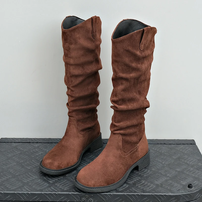 Block Heel Retro Stack Mid-Slip Boots 2026 Autumn Round Toe Sleeve Soft Sole Women's Shoes