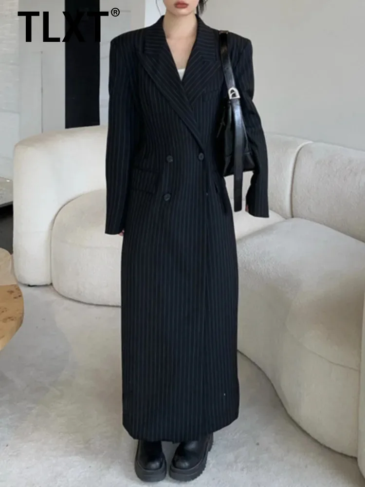 

TLXT Elegant Women's High-end Vertical Striped Double Breasted Waist Windbreaker Black Slim Fit Jacket 2025 Spring New XK1090