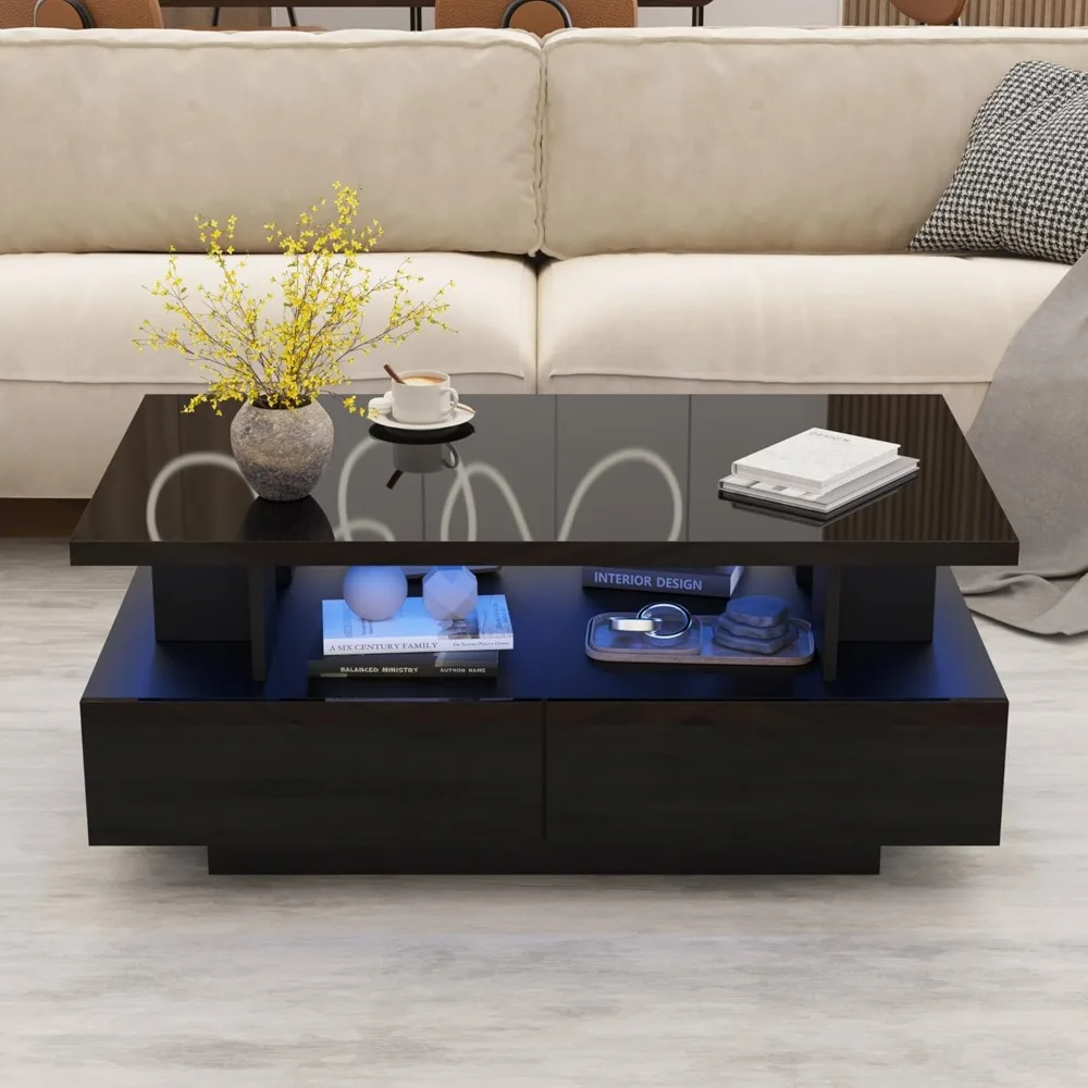 

41.3" LED Coffee Table, Modern High Gloss Living Room Table with 4 Drawers, Stylish Center Table for Living Room,Customized