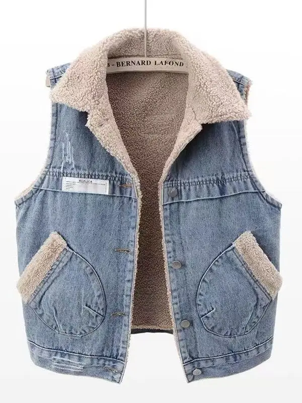 

Women's Fce Lined Thiened Denim Vest Autumn Winter Cotton Jaet oulder Coat Stand Fit Commute Sle ort Length B...