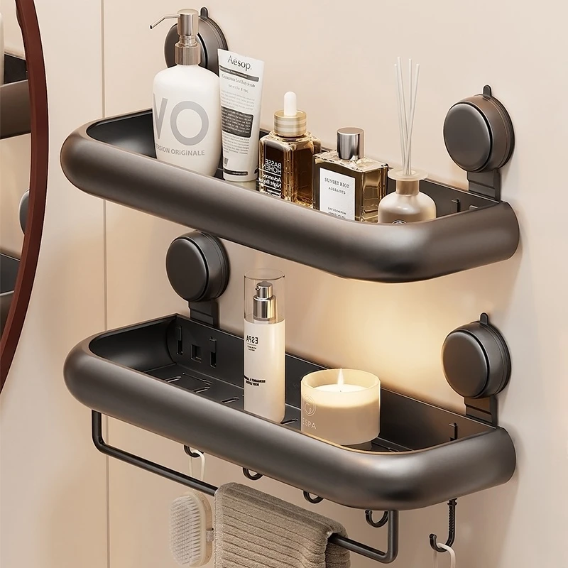 Suction Cup Bathroom Towel Rack Space Aluminum Wall-Mounted Minimalist Multi-Functional Storage Shelf No Drilling Required