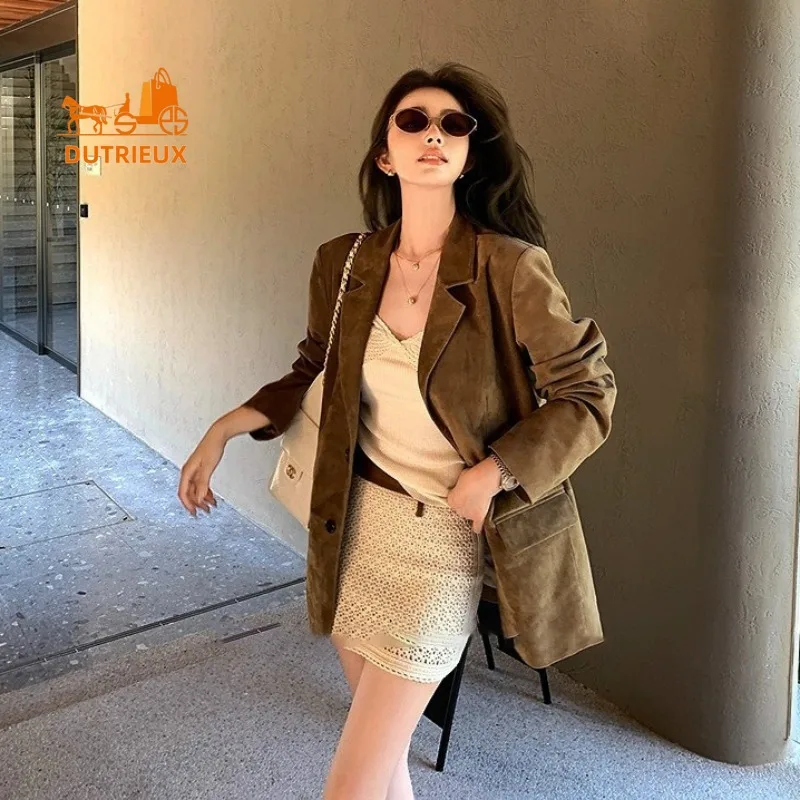 Autumn and Winter Women's Mid-length Suede Suit Real Leather Jacket, 100% Genuine Sheepskin, Noble Romantic Feminine Casual Coat