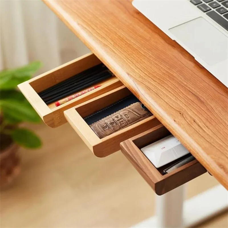 High-end Wood Storage Box Under Desk Adhesive Natural Home Storage Hidden Drawer Stationery Container Home Study Accessories