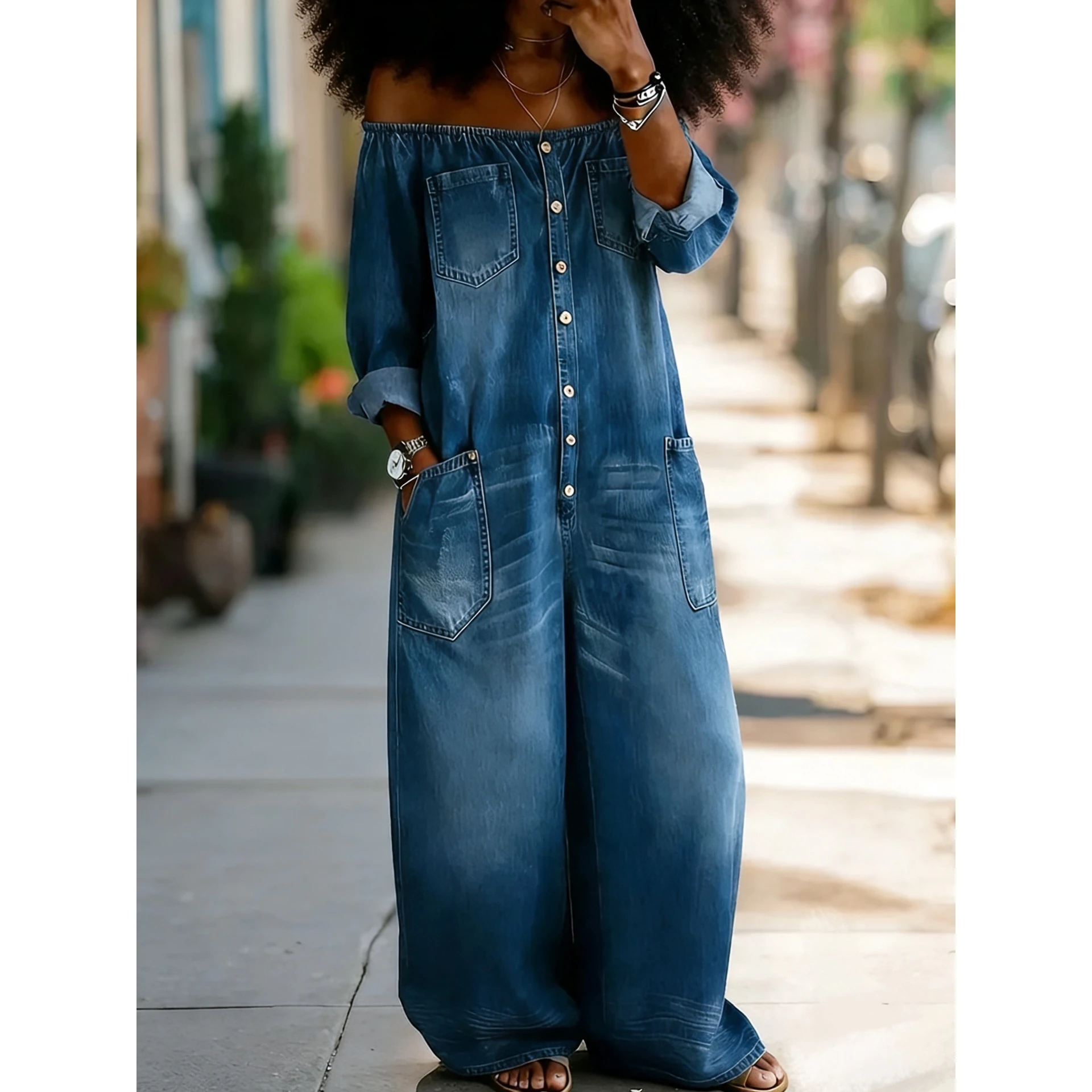 Spring 2026 Sexy Single-Button One-Shoulder Denim Jumpsuit Women's Fashionable Casual Straight Leg Jeans Overalls Polyester