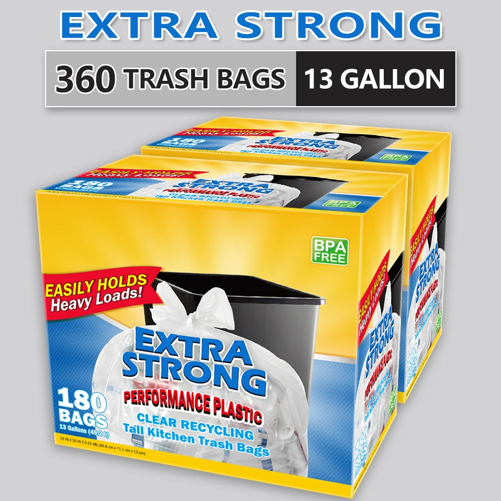 

Xtratuff Tall Kitchen Trash Bags 13 Gallon Flap Ties Recycle Clear Garbage Bags White Trash Bag 360 Count BPA FREE Strong