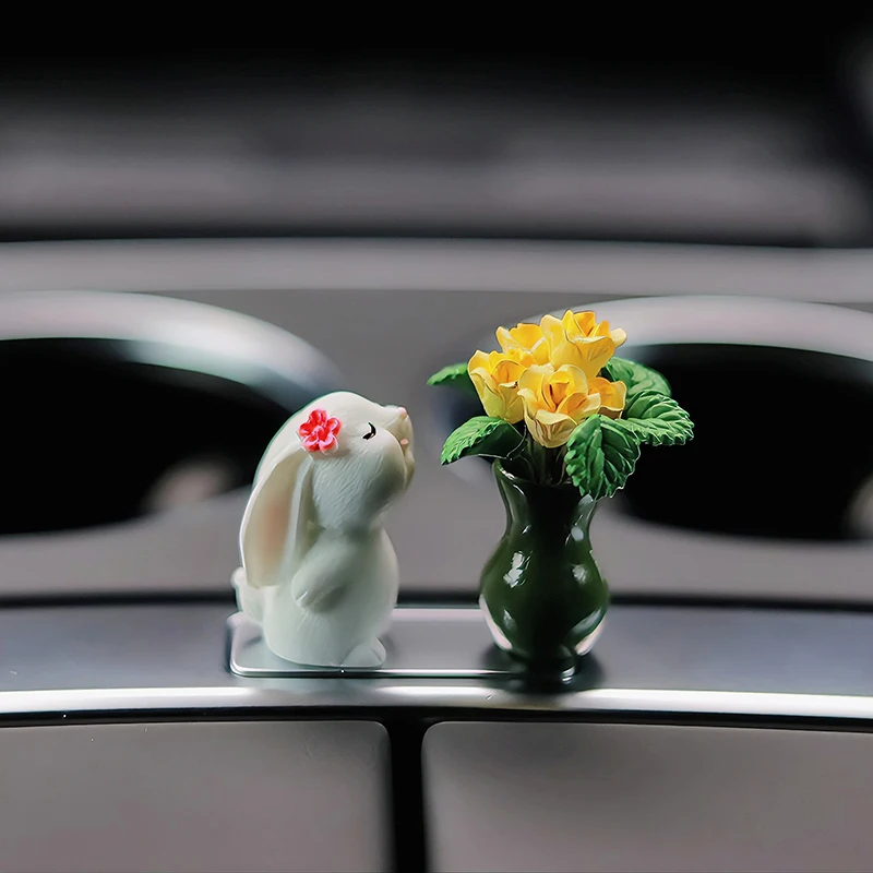 Cute Car Interior Decoration Anime Bunny Smell Roses Auto Center Console Gadget Ornaments For Women Gifts Car Accessories