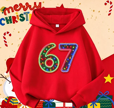 Children's Number 67 Christmas Print Hooded Sweater Casual, Comfortable and Soft Can Be Used As A Christmas Gift